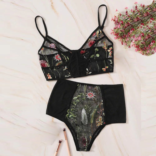 Fashion Bra Set Women Underwear V-Neck Floral Embroidered Push Up Lace Lingerie Set Black Crop Top And Panties Set Dropship *S